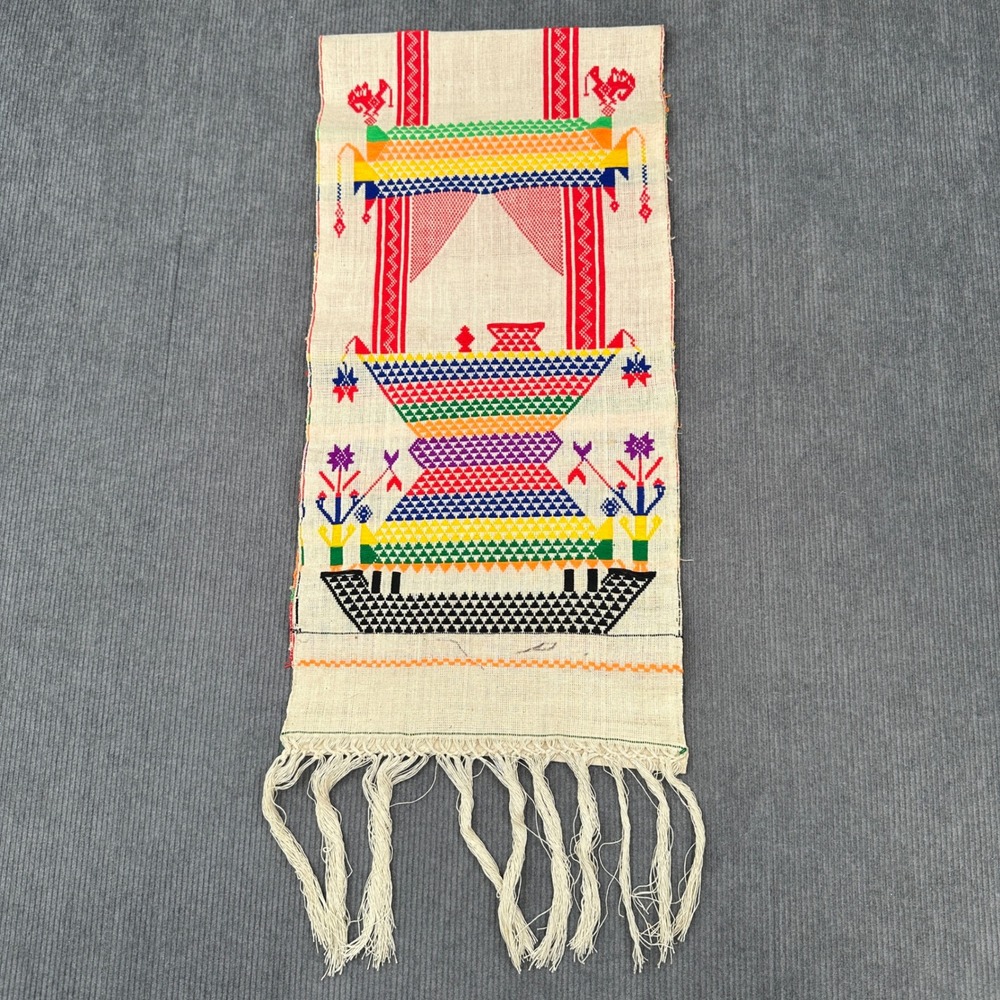 Vintage Handwoven Folk Art Textile Table Runner Rainbow Geometric Fringe 42x10